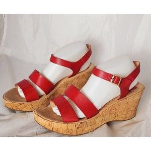 Kork-Ease Q20212 Red Tish Cork Platform Wedge Slingback Leather Sandals Sz 10